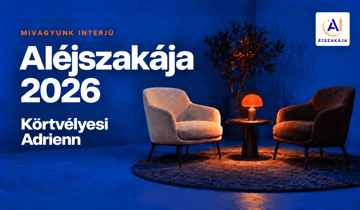 AIéjszakája 2026 interjúborító Körtvélyesi Adrienn nevével, kék enteriőrrel, két üres fotellel, narancsszínű lámpával és a rendezvény logójával.