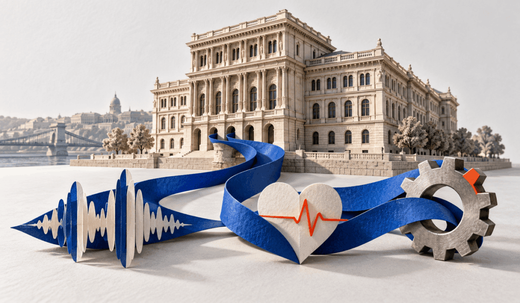 Az MTA székházának illusztrációja, előtte kék szalag köti össze a beszédtechnológiát, a szívkutatást és az ipart jelképező motívumokat.