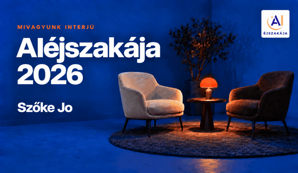 AIéjszakája 2026 interjúborító Szőke Jo nevével, kék háttérrel, két fotellel, narancsszínű lámpával és a rendezvény logójával.