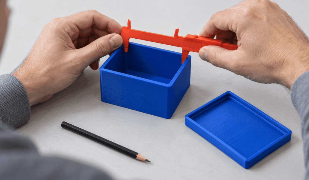 Kék, 3D-nyomtatott doboz méretének ellenőrzése narancsszínű vonalzóval; mellette a levett fedél.